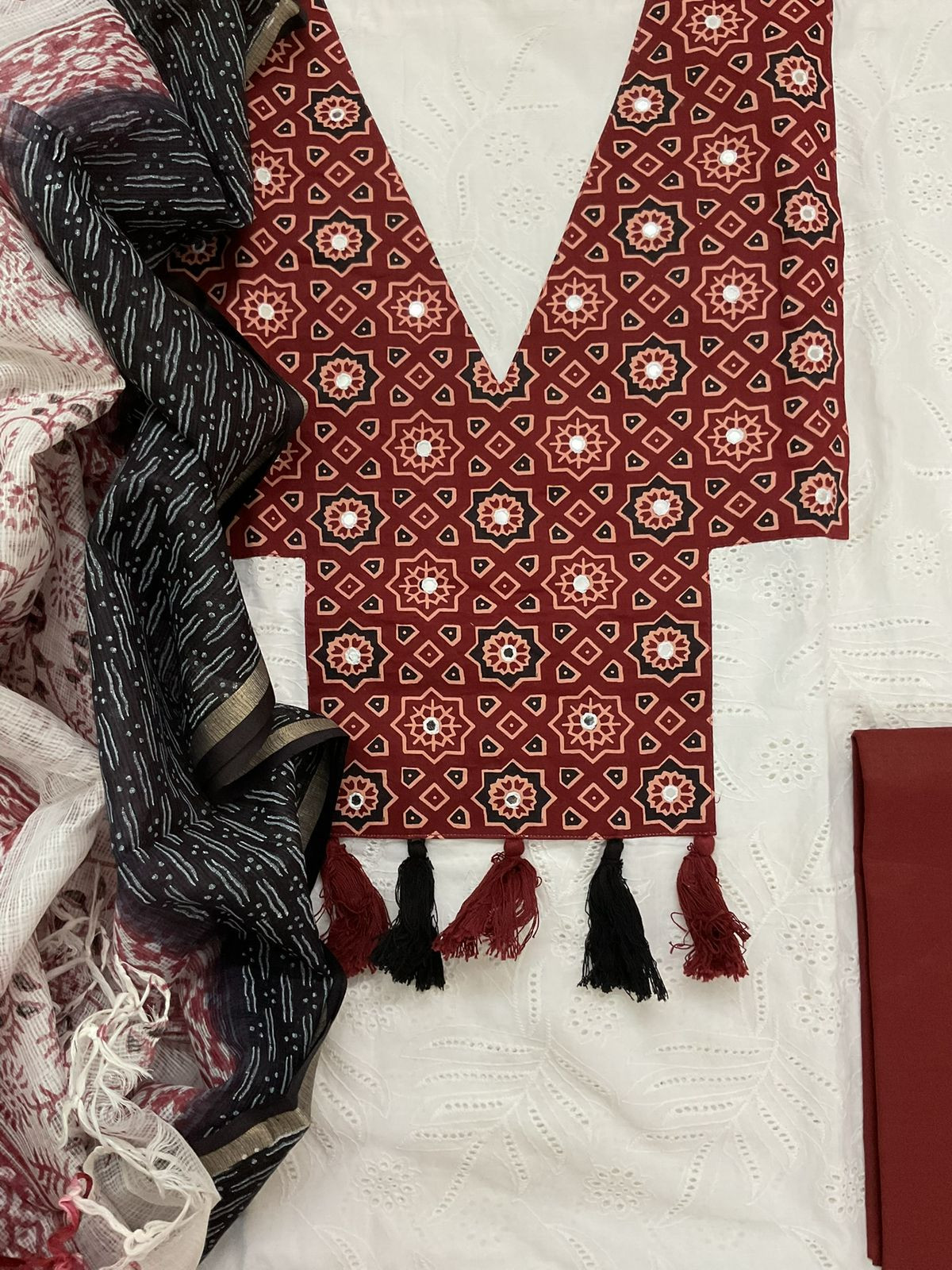 Pure Cotton Printed Embroidered Suit - White