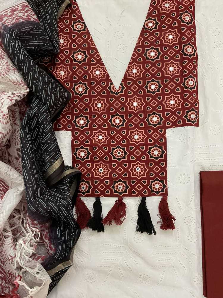 Image of Pure Cotton Printed Embroidered Suit - White