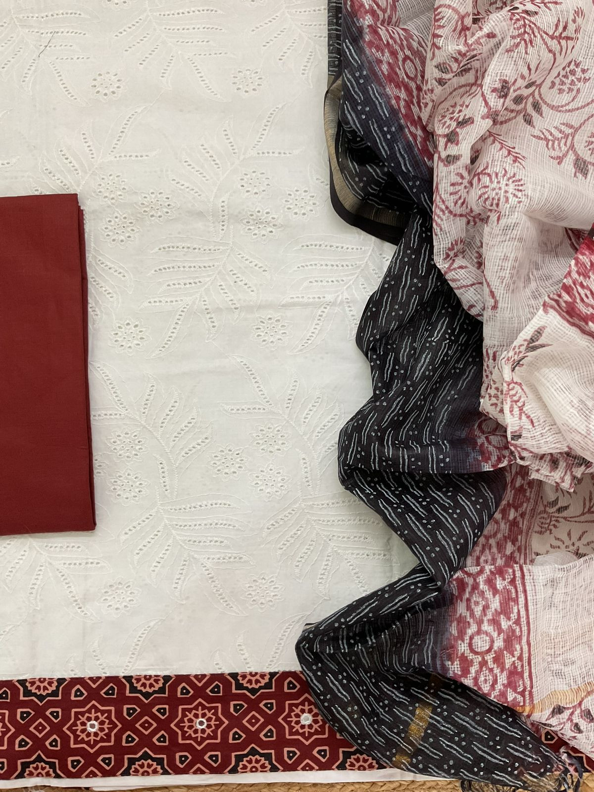 Pure Cotton Printed Embroidered Suit - White