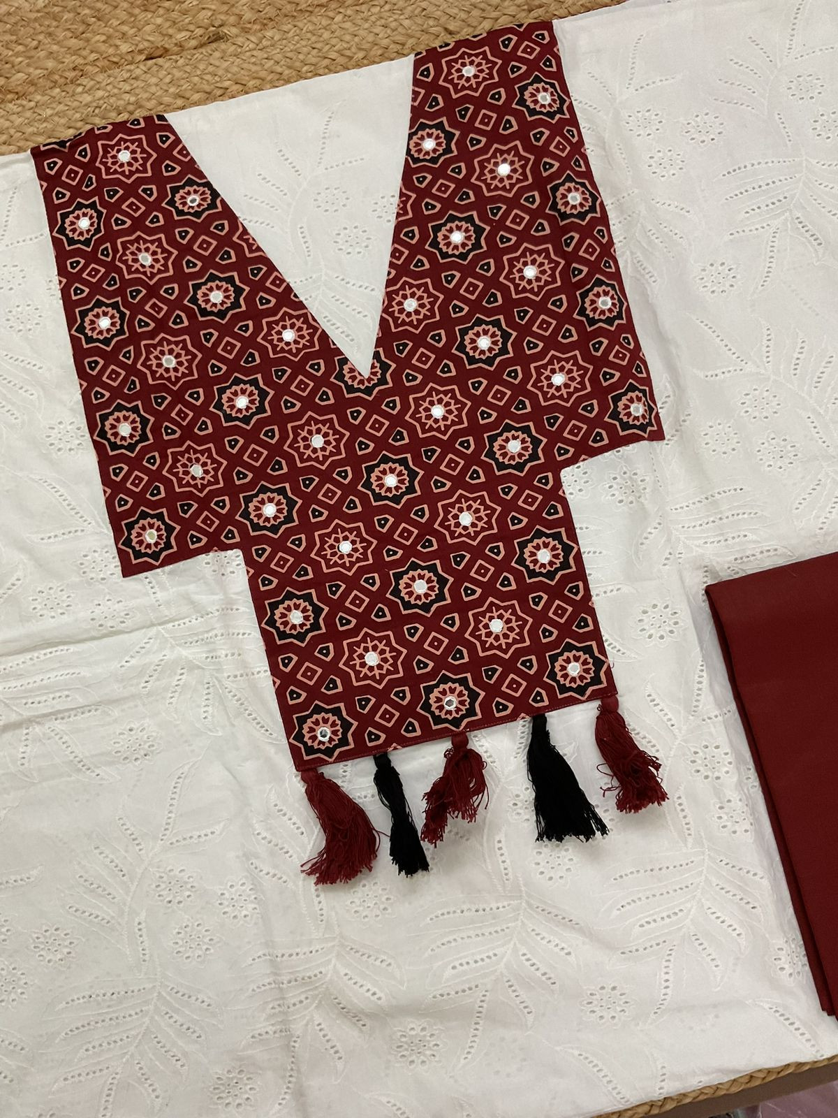 Pure Cotton Printed Embroidered Suit - White