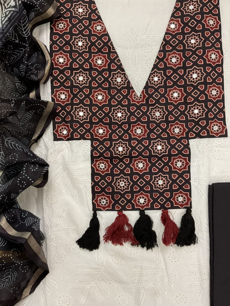 Image of Pure Cotton Printed Embroidered Suit - White