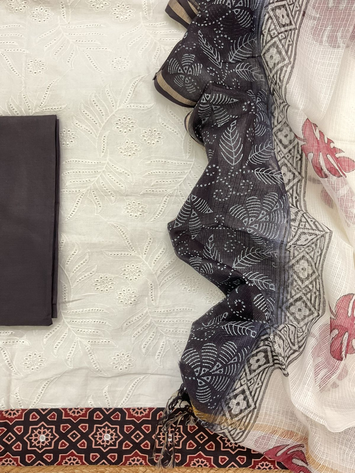 Pure Cotton Printed Embroidered Suit - White