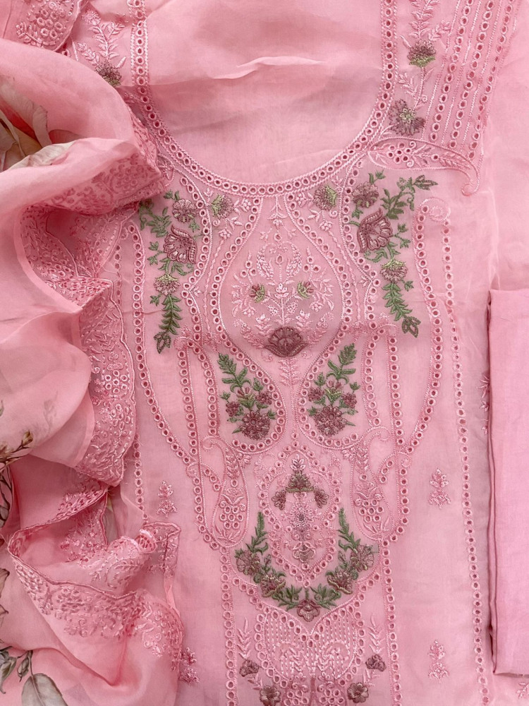 Image of Pure Organza Printed Embroidered Suit - Pink