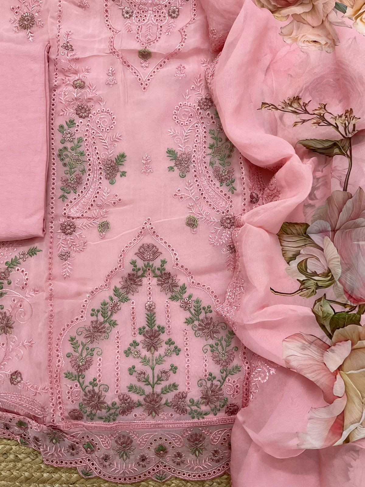 Pure Organza Printed Embroidered Suit - Pink