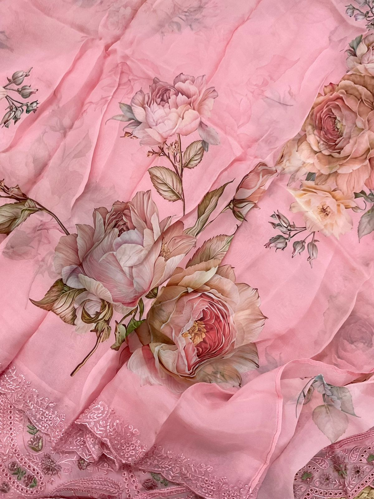 Pure Organza Printed Embroidered Suit - Pink