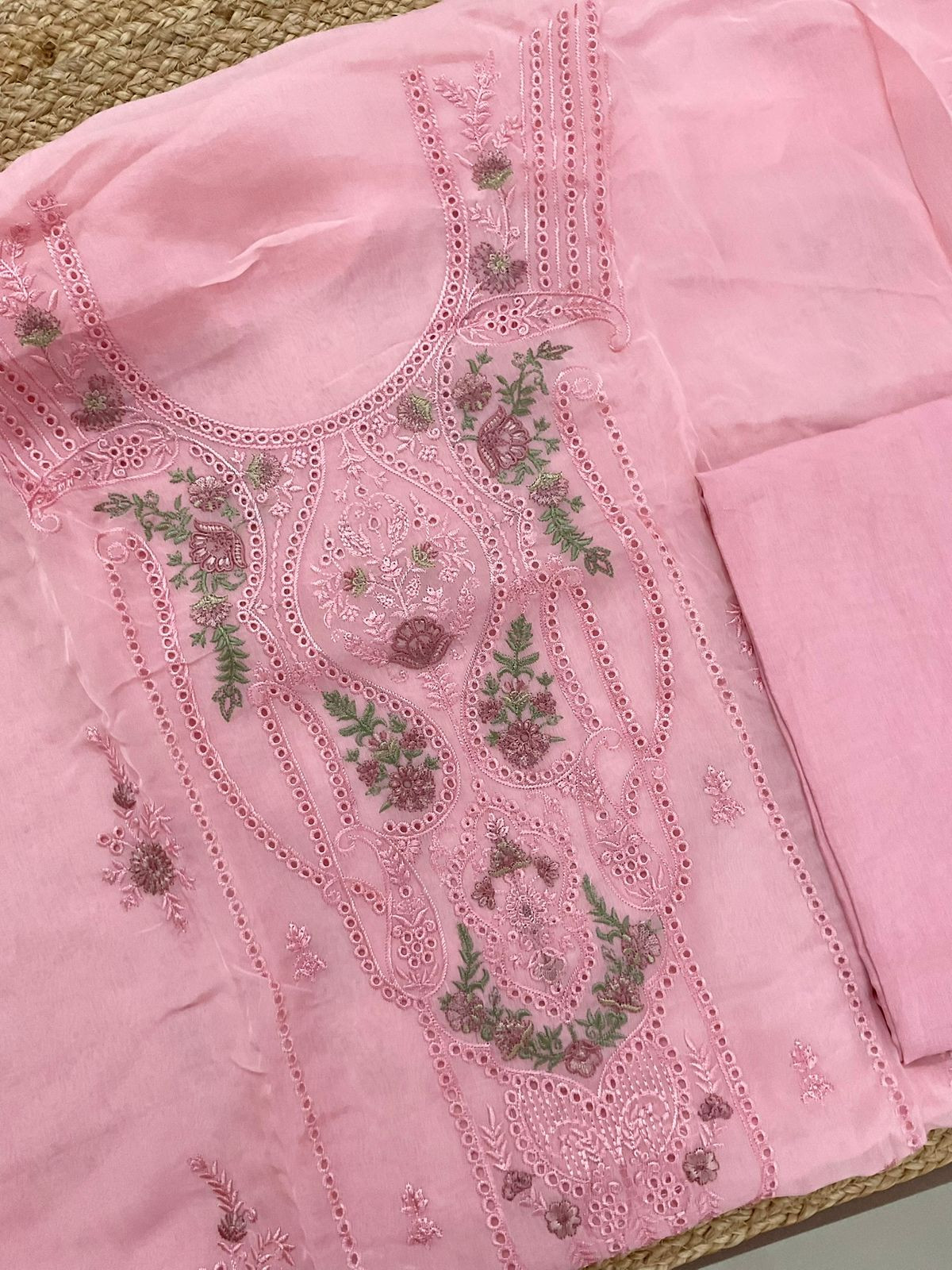 Pure Organza Printed Embroidered Suit - Pink