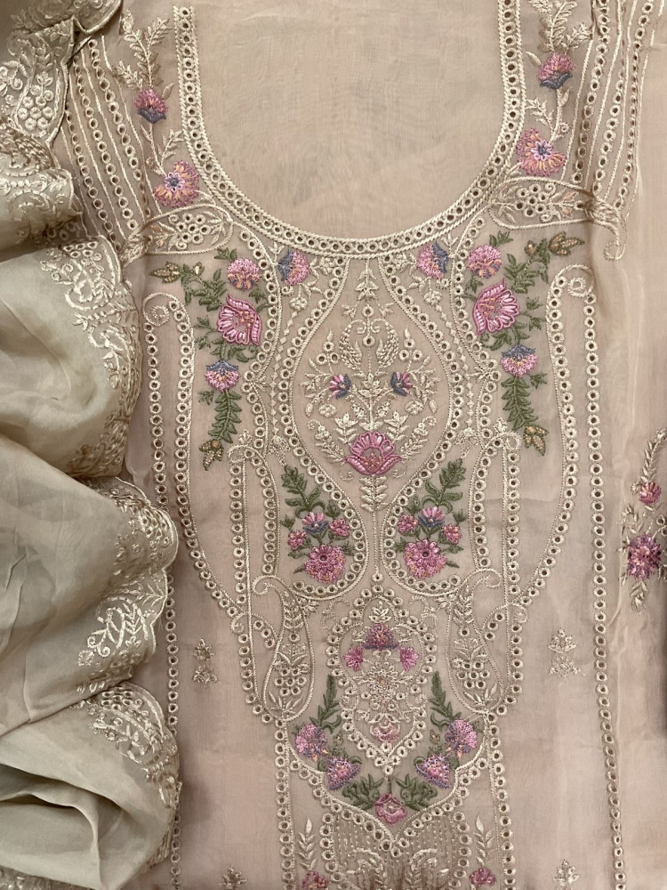 Image of Pure Organza Printed Embroidered Suit - Beige