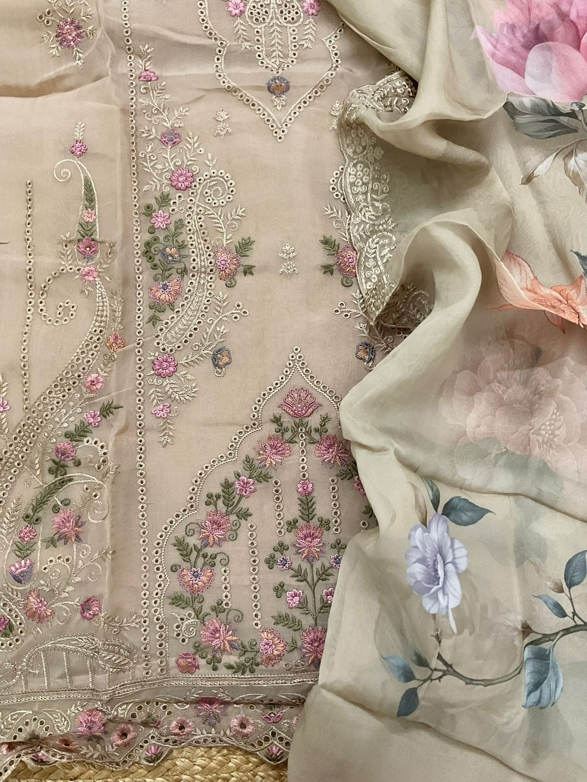 Pure Organza Printed Embroidered Suit - Beige