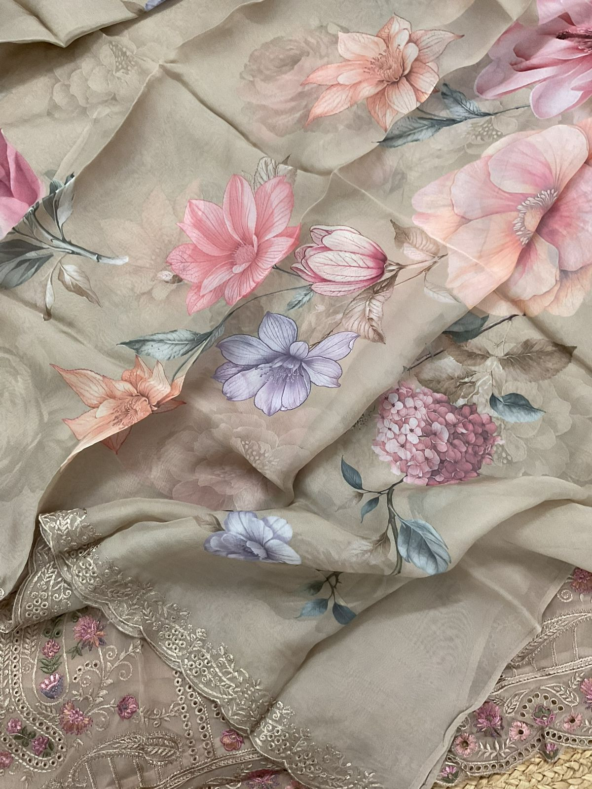 Pure Organza Printed Embroidered Suit - Beige