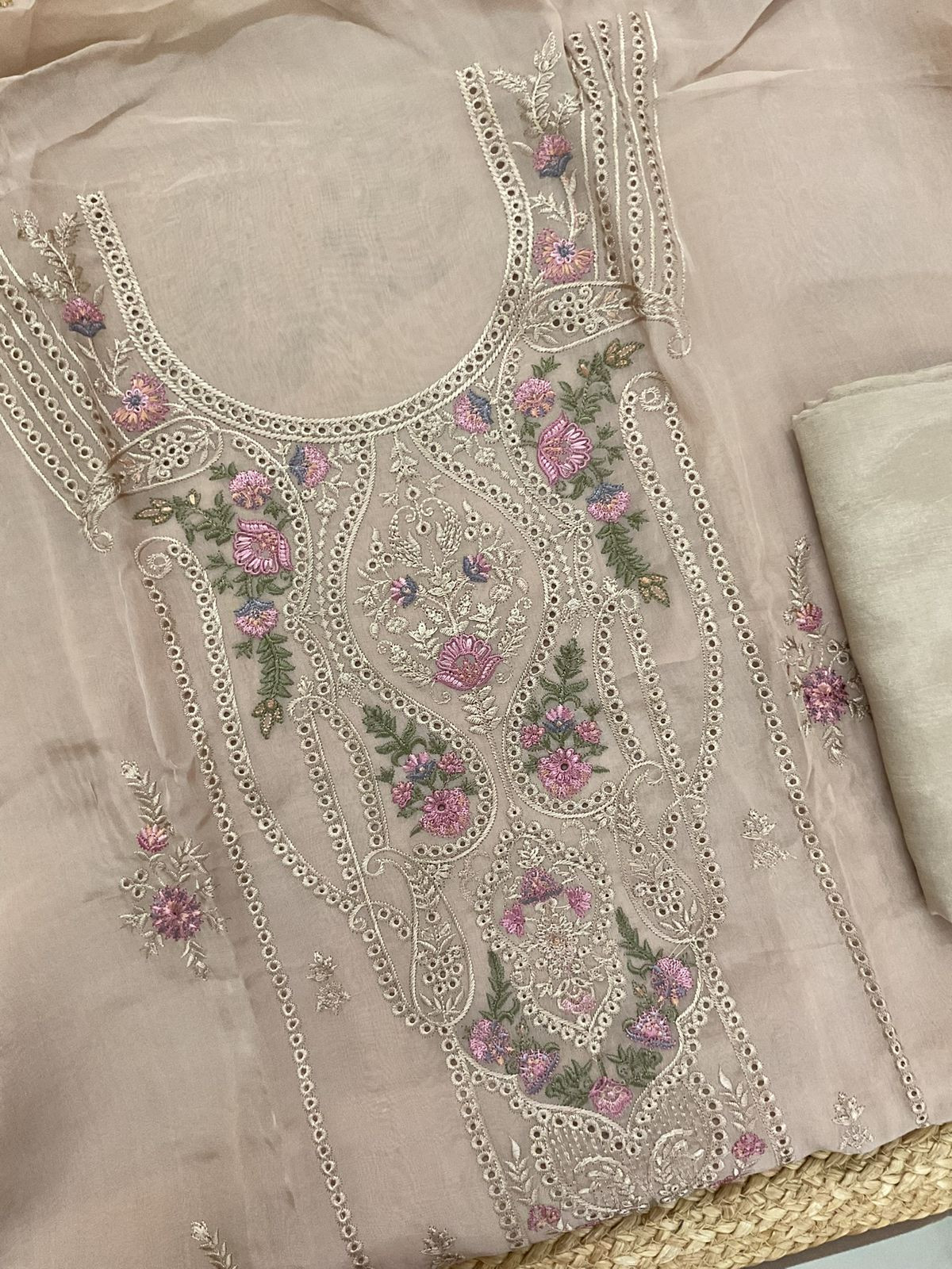 Pure Organza Printed Embroidered Suit - Beige