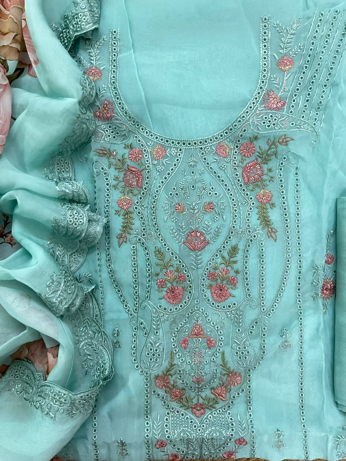 Pure Organza Printed Embroidered Suit - Blue