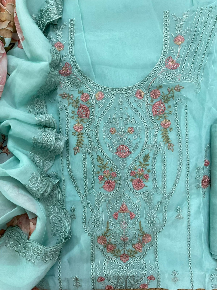Image of Pure Organza Printed Embroidered Suit - Blue