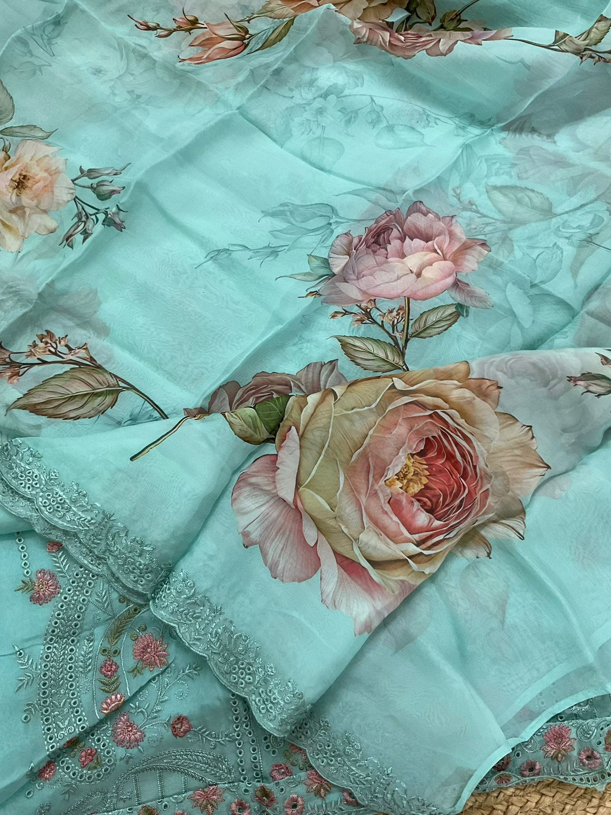 Pure Organza Printed Embroidered Suit - Blue