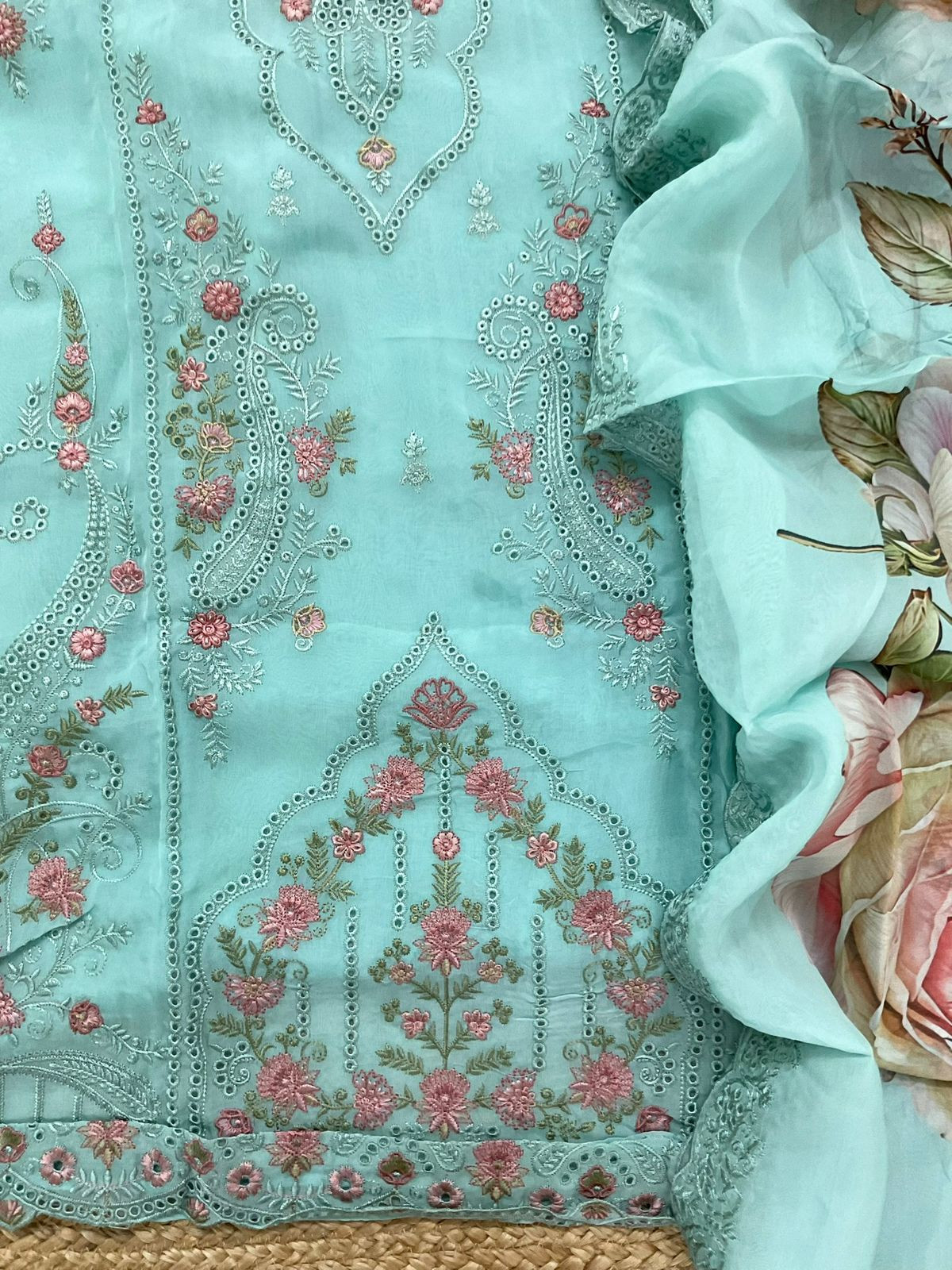 Pure Organza Printed Embroidered Suit - Blue