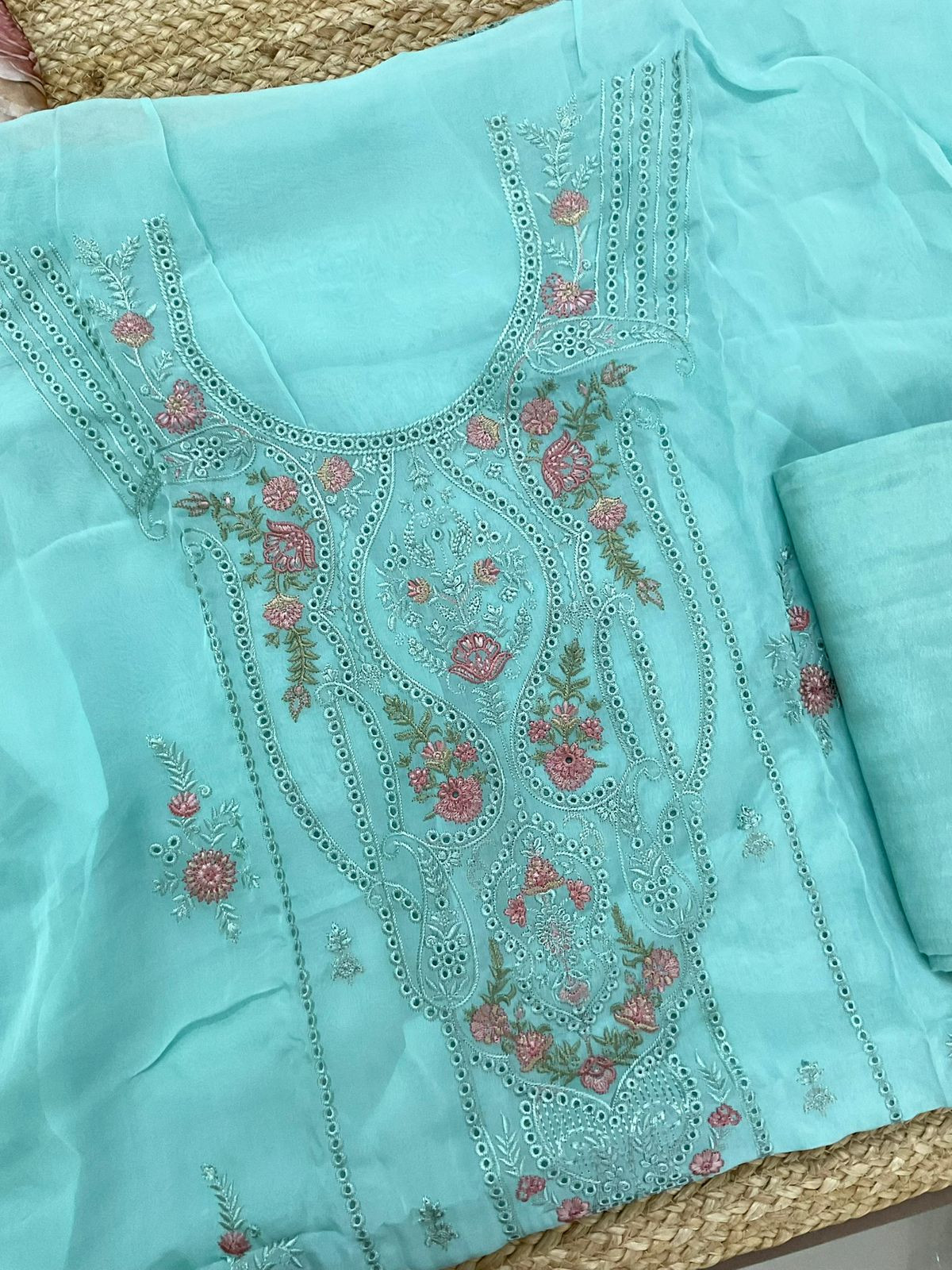 Pure Organza Printed Embroidered Suit - Blue