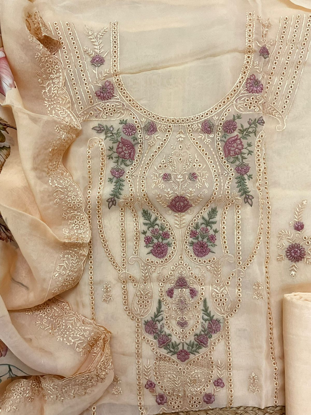 Pure Organza Printed Embroidered Suit - Peach