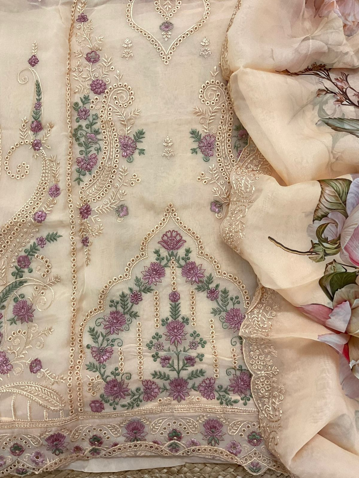 Pure Organza Printed Embroidered Suit - Peach