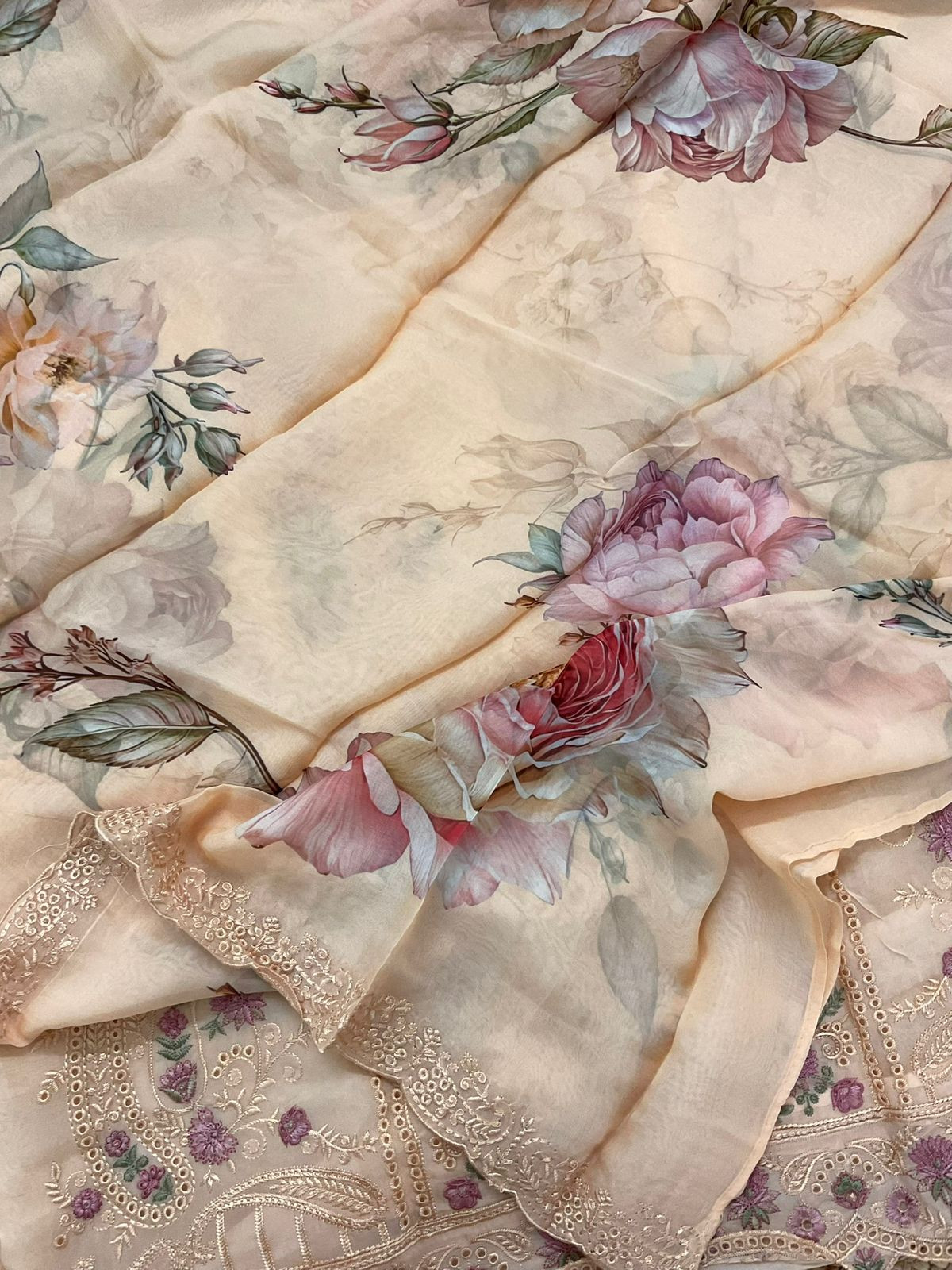 Pure Organza Printed Embroidered Suit - Peach