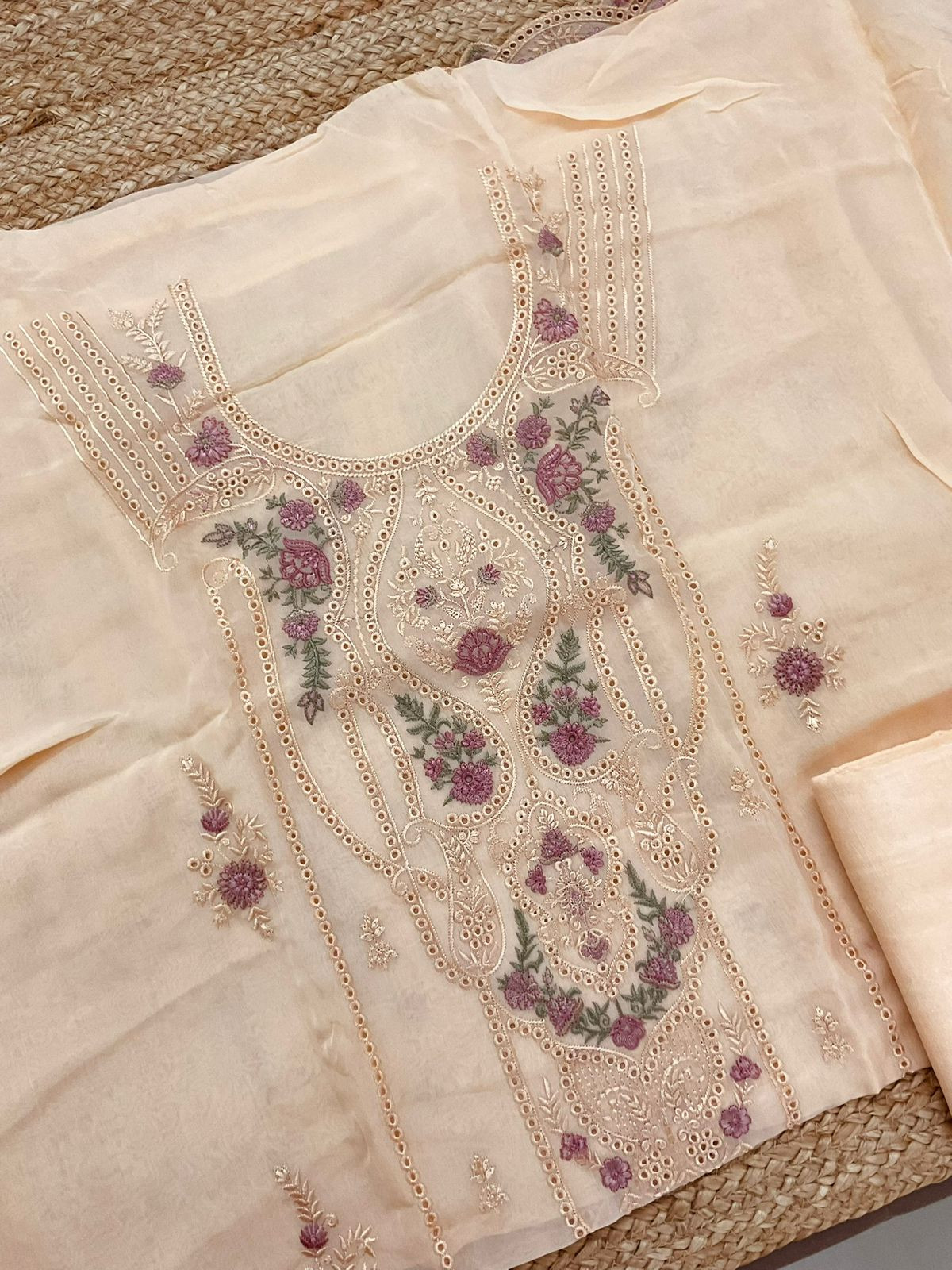 Pure Organza Printed Embroidered Suit - Peach