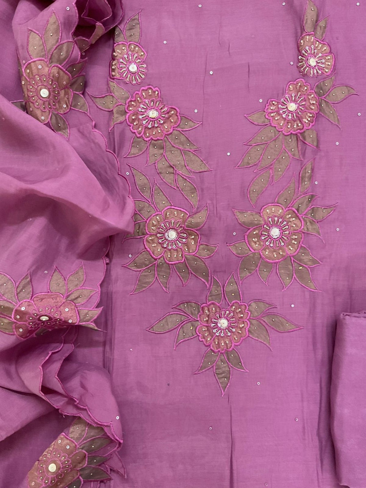 Image of Pure Muslin Embroidered Suit - Purple