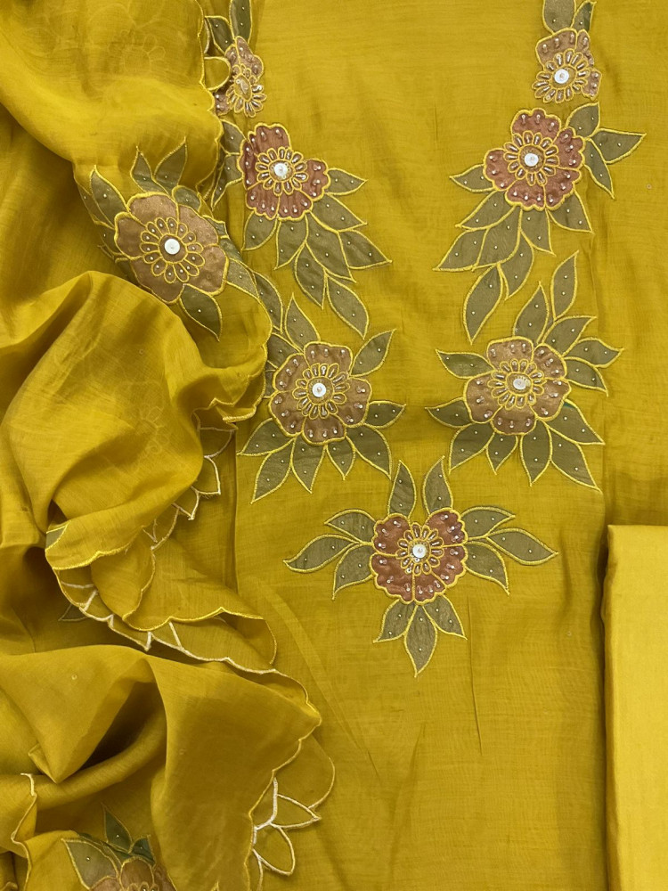 Image of Pure Muslin Embroidered Suit - Yellow
