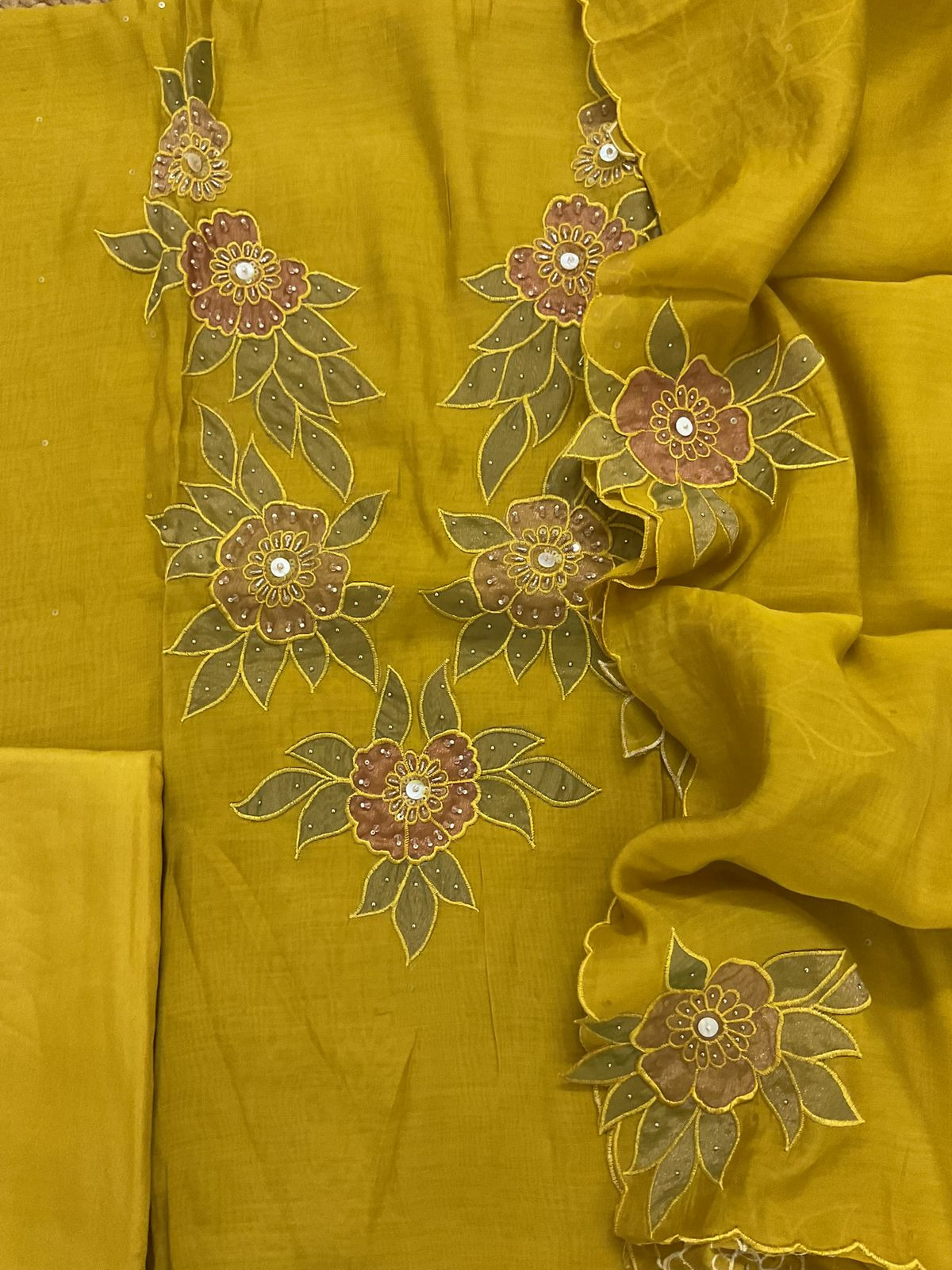 Pure Muslin Embroidered Suit - Yellow