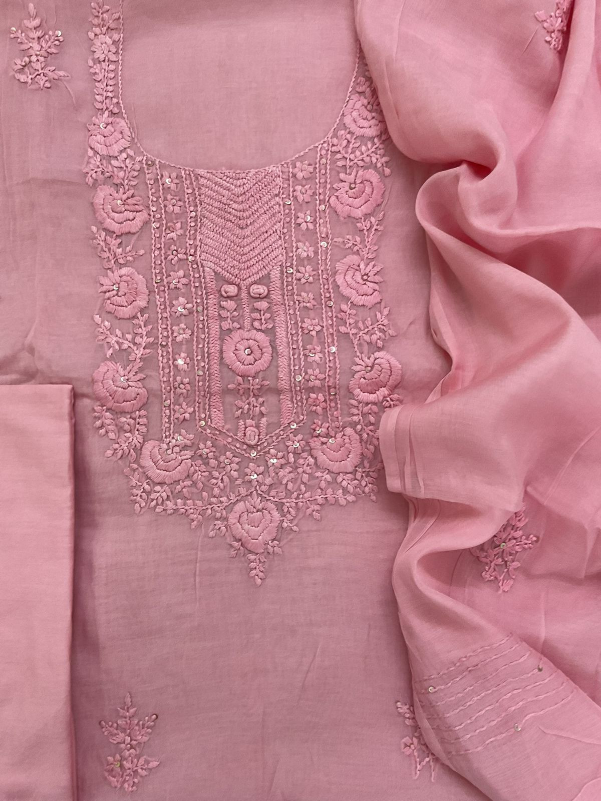 Soft Chanderi Embroidered Suit - Pink