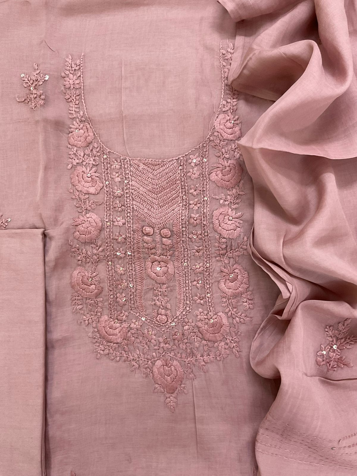 Soft Chanderi Embroidered Suit - Onion Pink