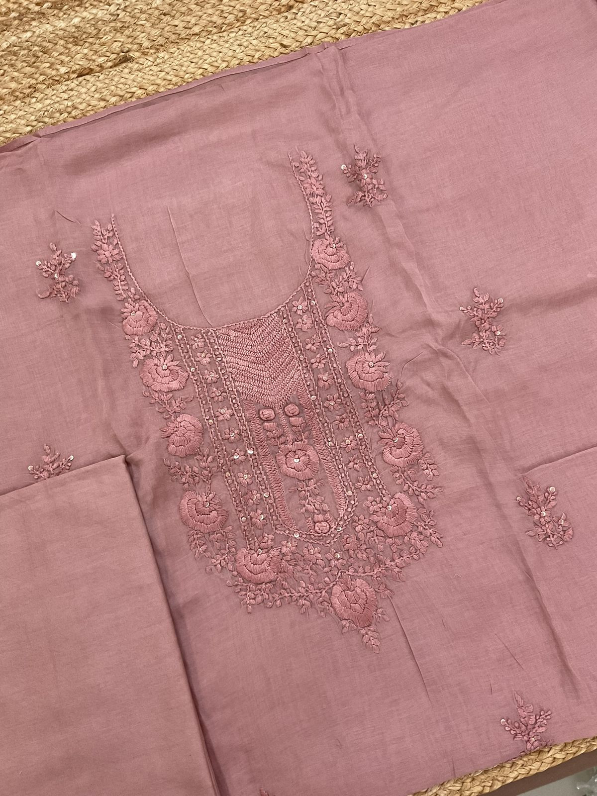 Soft Chanderi Embroidered Suit - Onion Pink