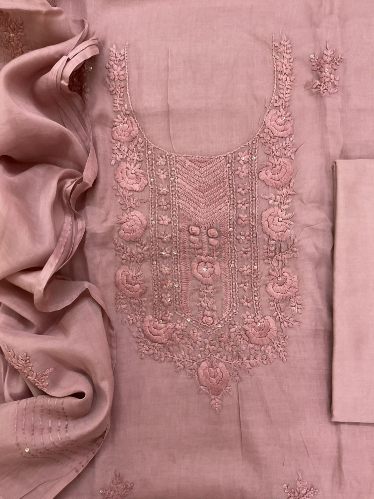 Image of Soft Chanderi Embroidered Suit - Onion Pink