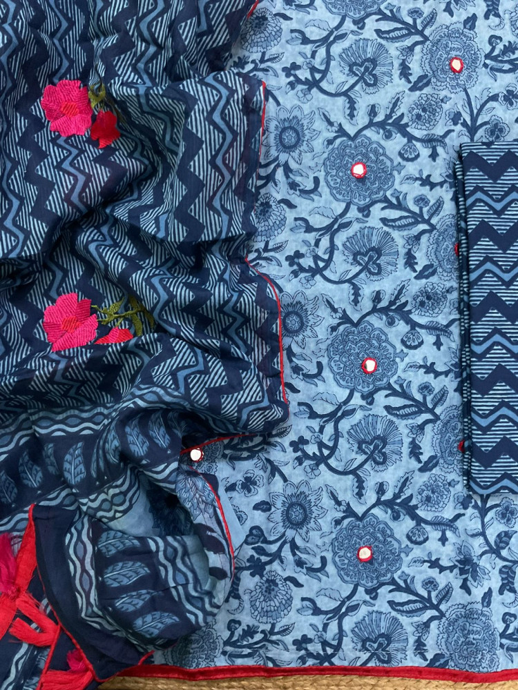 Image of Pure Cotton Printed Embroidered Suit - Blue
