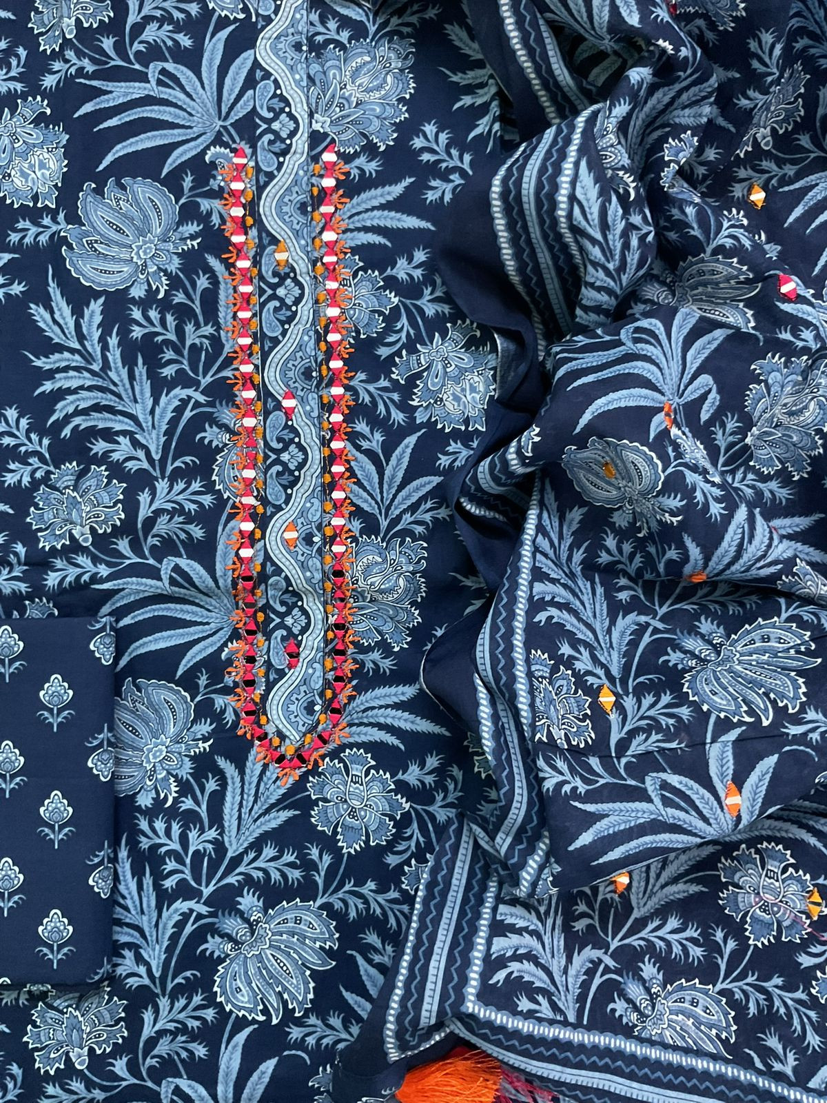 Pure Cotton Printed Embroidered Suit - Blue