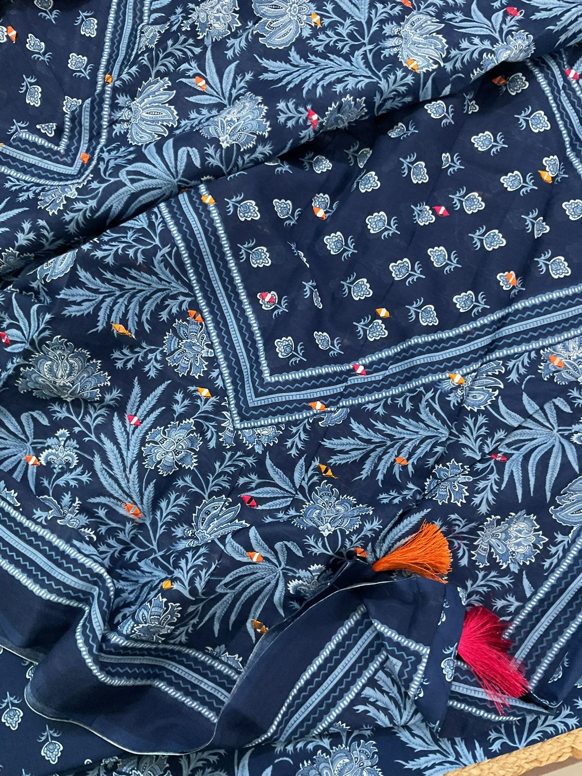 Pure Cotton Printed Embroidered Suit - Blue