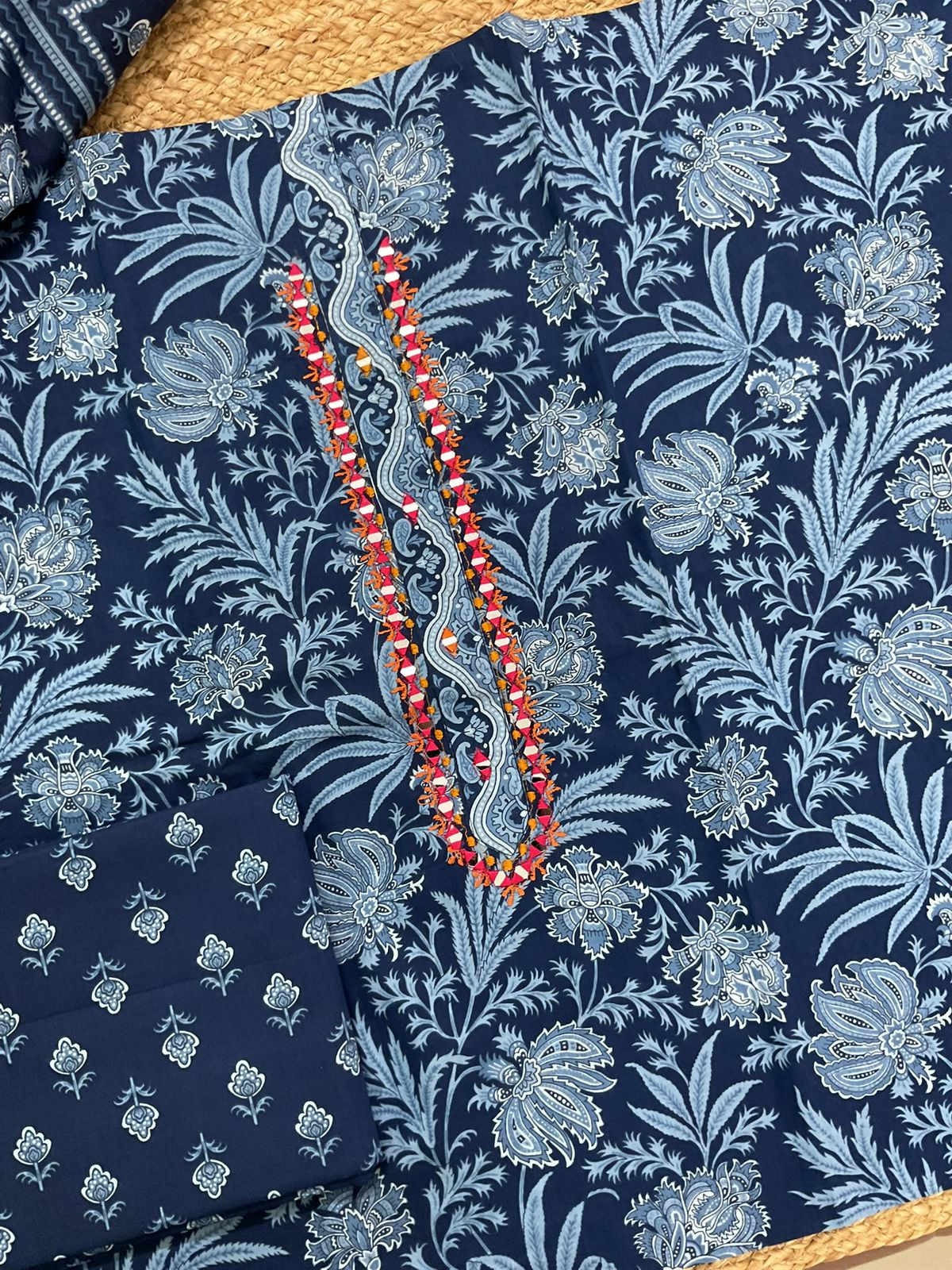 Pure Cotton Printed Embroidered Suit - Blue