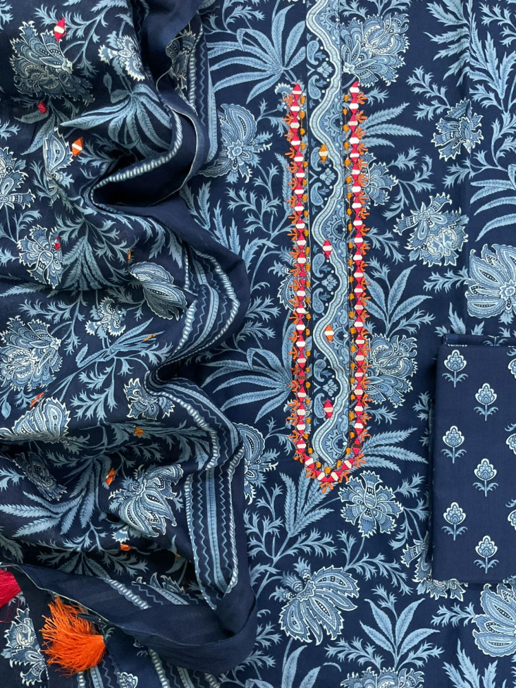 Image of Pure Cotton Printed Embroidered Suit - Blue