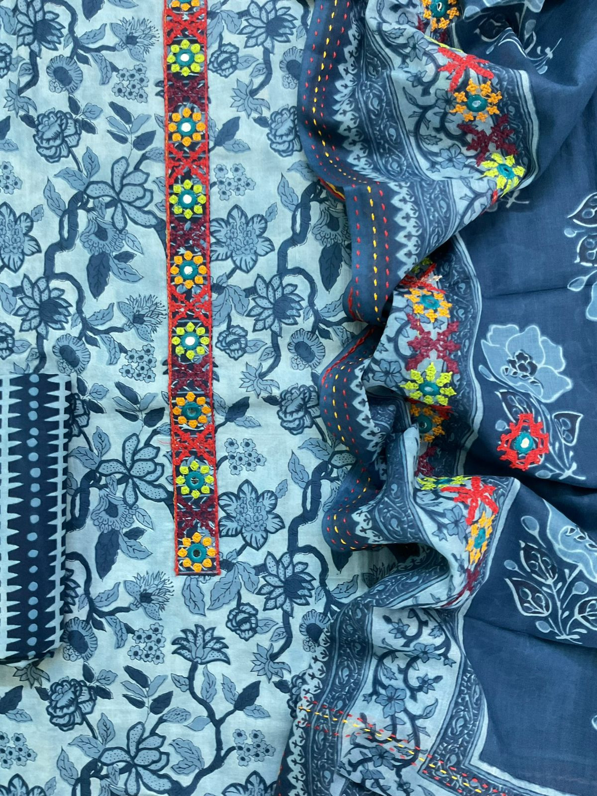 Pure Cotton Printed Embroidered Suit - Blue