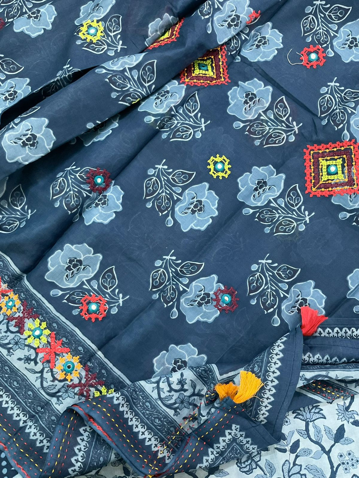 Pure Cotton Printed Embroidered Suit - Blue