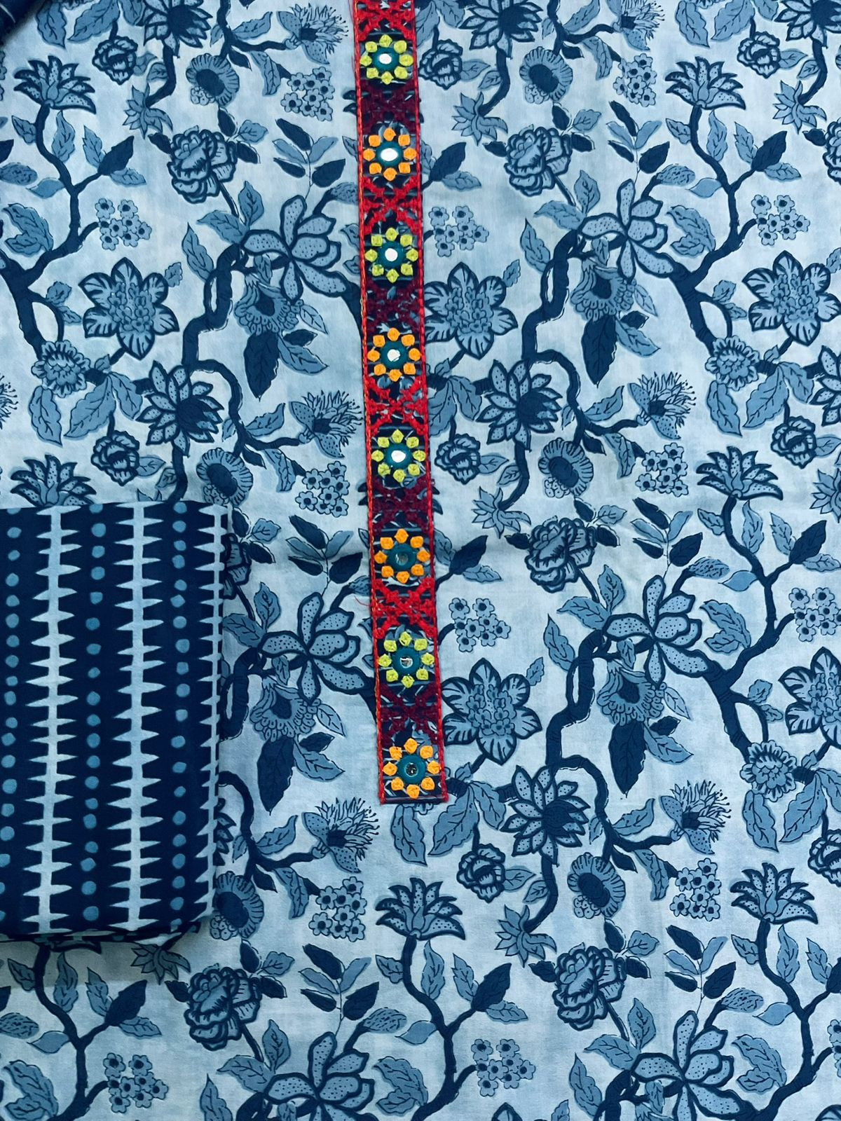 Pure Cotton Printed Embroidered Suit - Blue