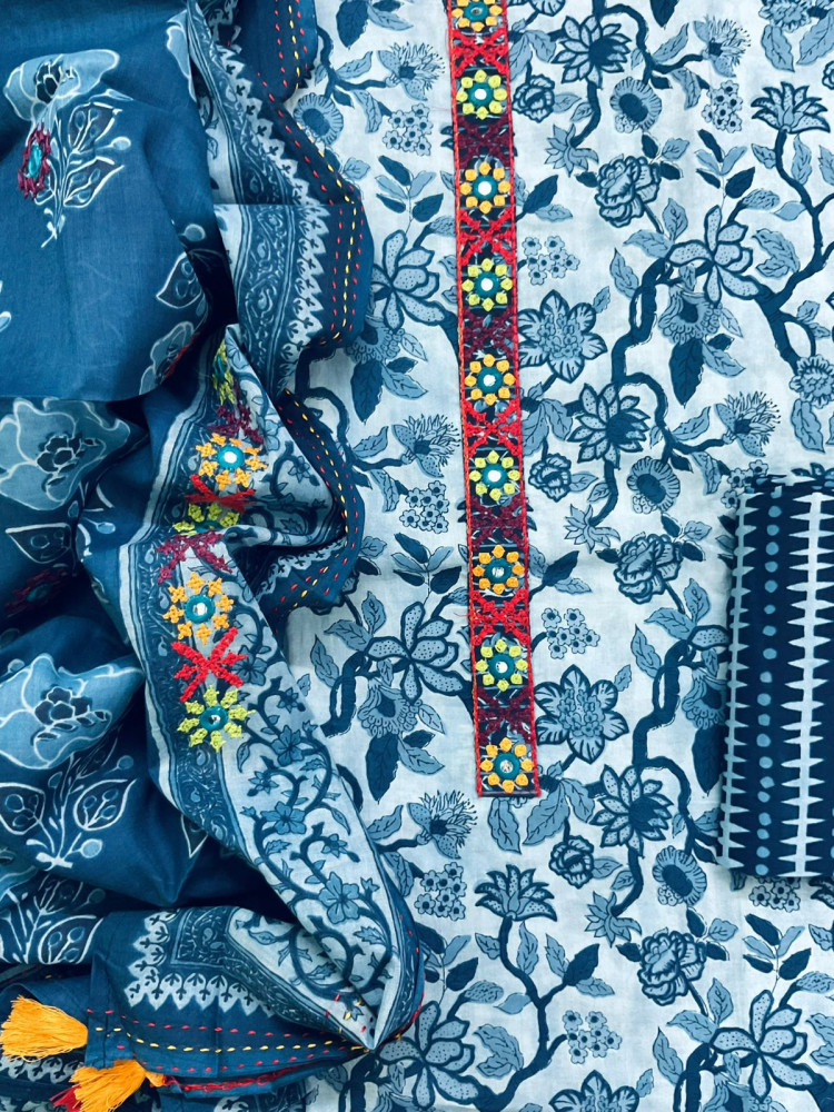 Image of Pure Cotton Printed Embroidered Suit - Blue