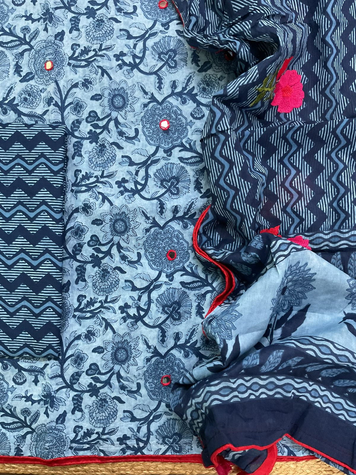 Pure Cotton Printed Embroidered Suit - Blue