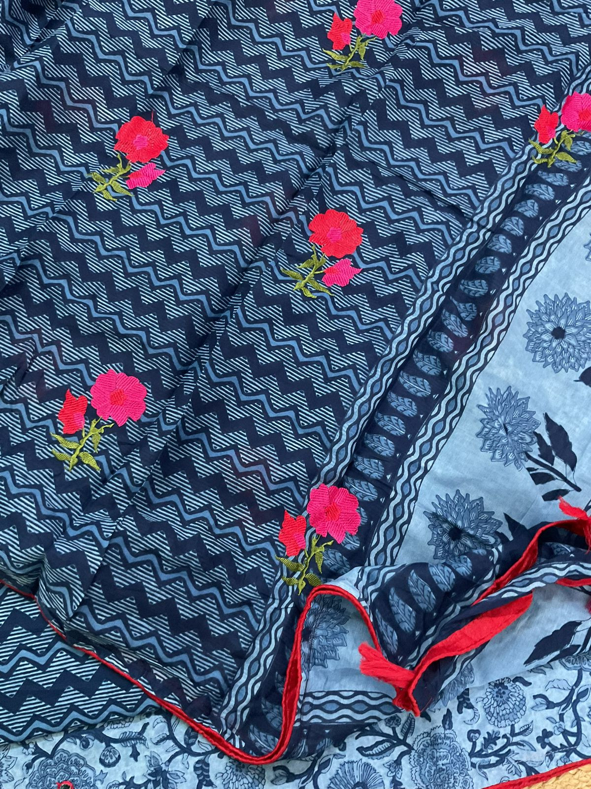 Pure Cotton Printed Embroidered Suit - Blue