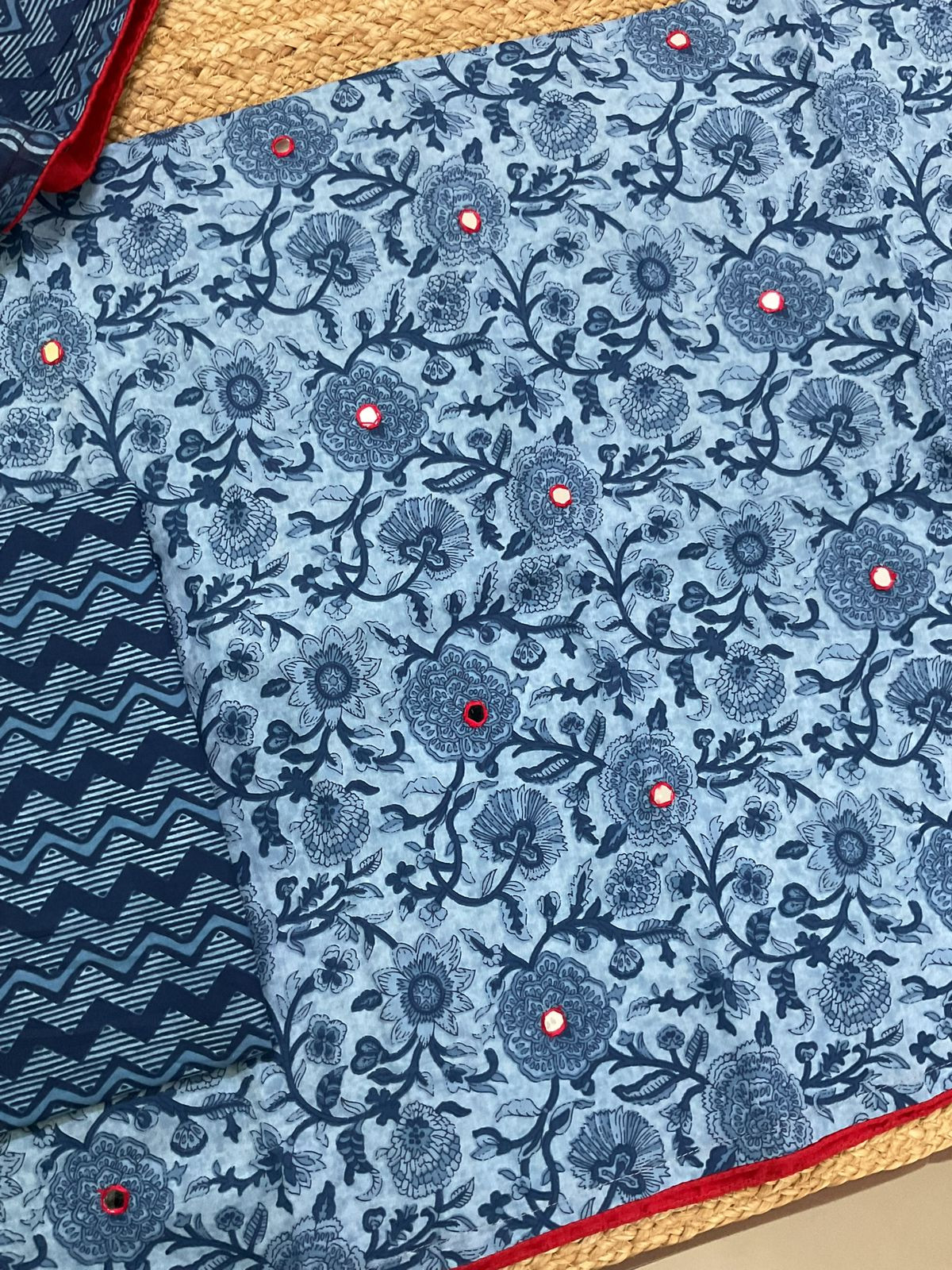Pure Cotton Printed Embroidered Suit - Blue