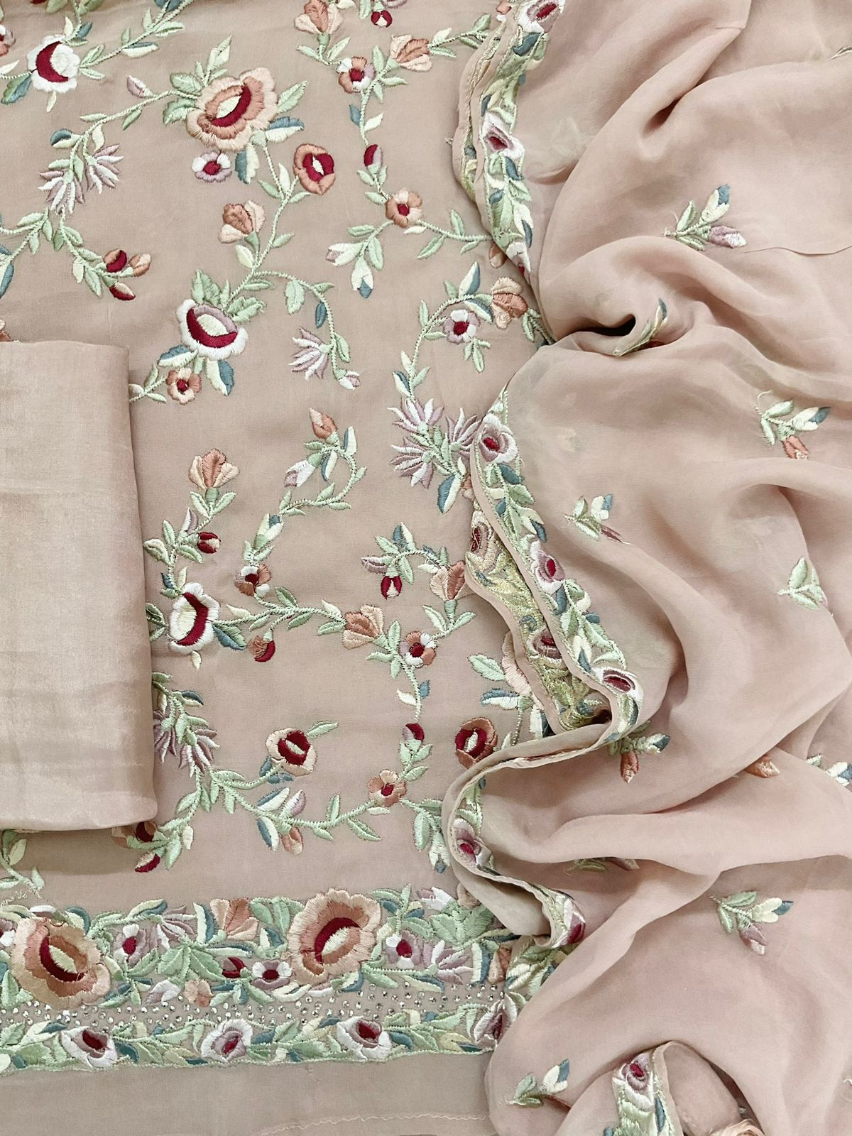 Pure Georgette Embroidered Suit - Onion Pink