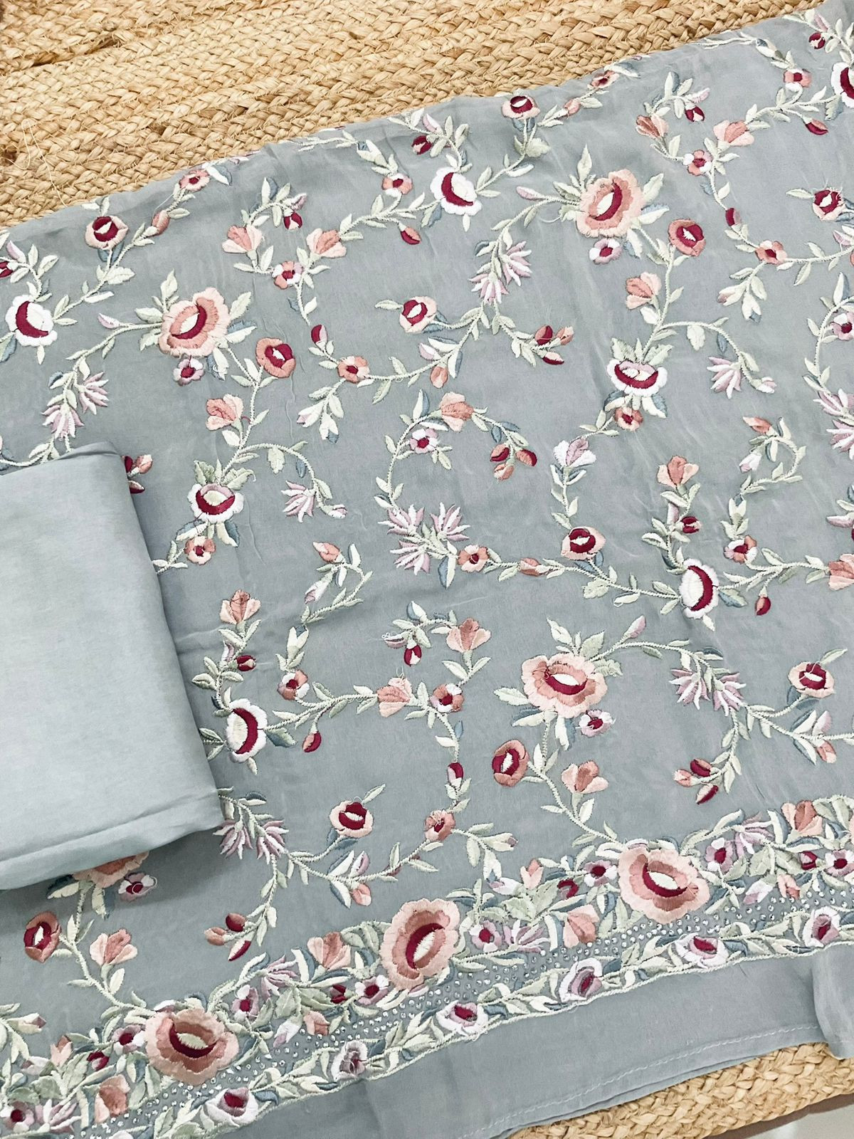 Pure Georgette Embroidered Suit - Grey