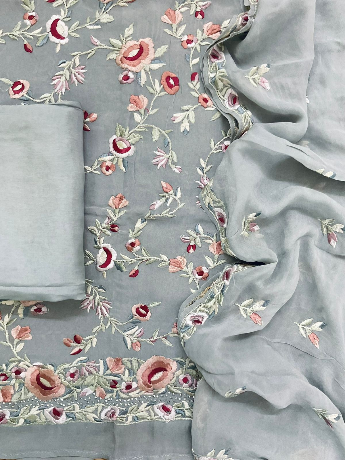 Pure Georgette Embroidered Suit - Grey