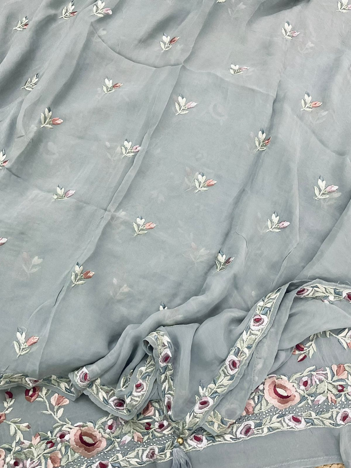 Pure Georgette Embroidered Suit - Grey