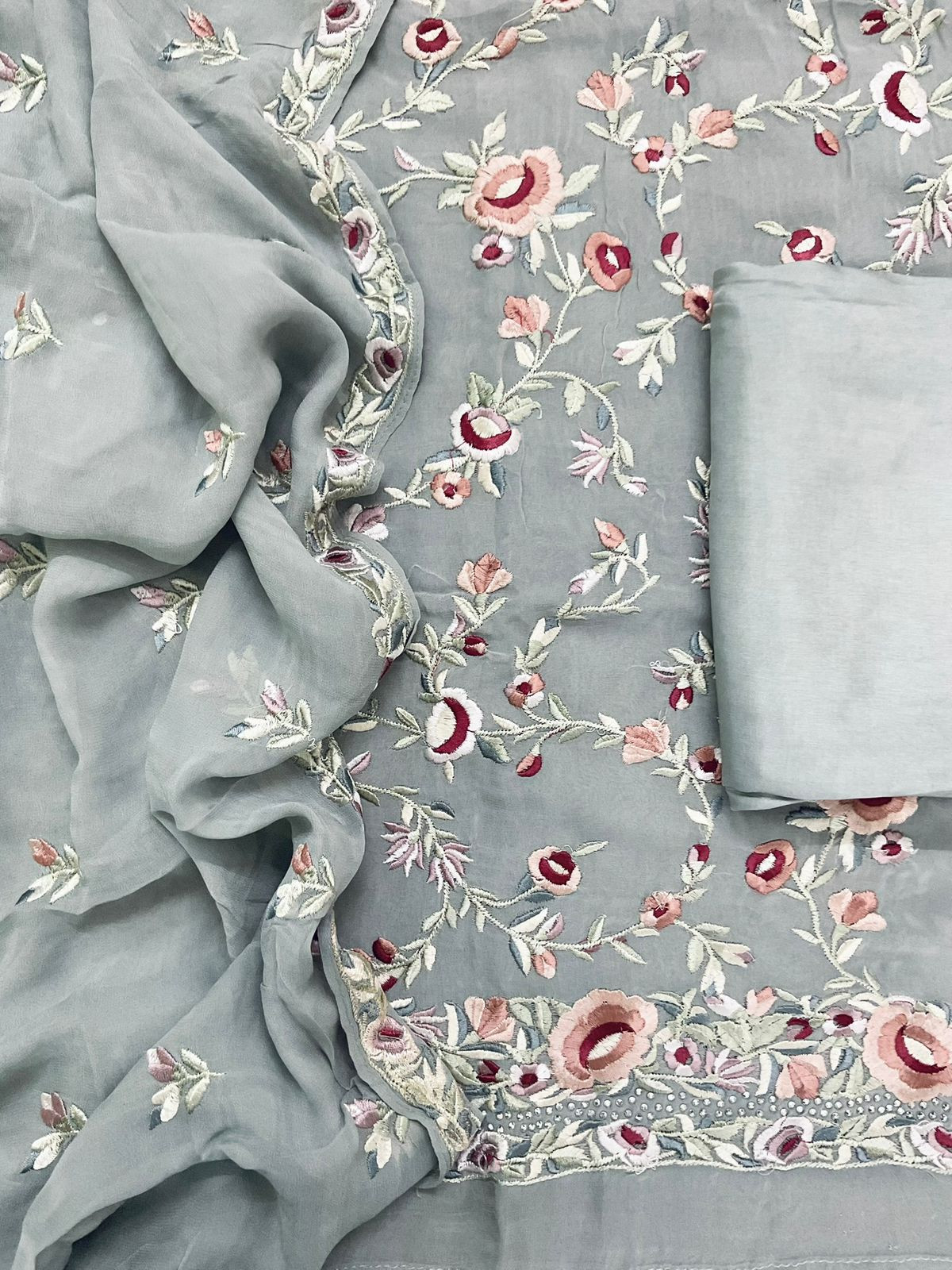 Pure Georgette Embroidered Suit - Grey