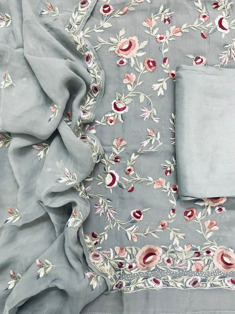 Image of Pure Georgette Embroidered Suit - Grey