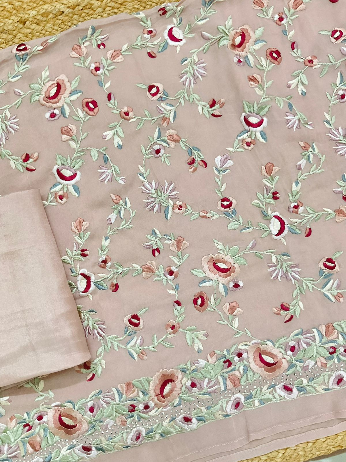 Pure Georgette Embroidered Suit - Onion Pink