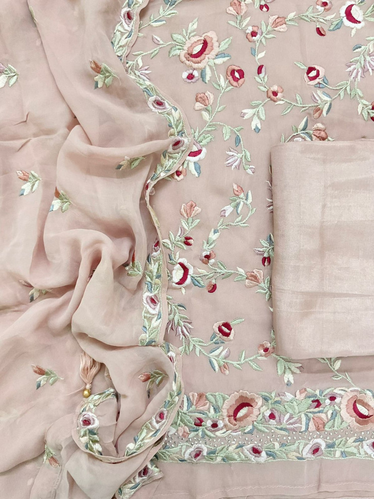Image of Pure Georgette Embroidered Suit - Onion Pink